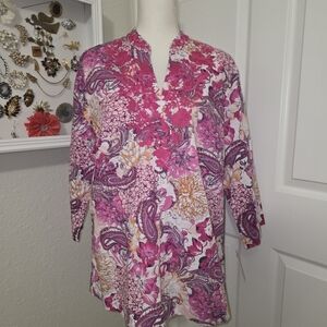 NWT Linen Women's Pink Floral Paisley V-Neck Tunic Top